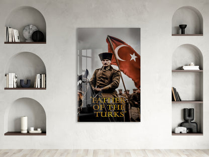 Father Of The Turks , Atatürk At Üzerinde Cam Tablo – Türk Bayraklı Başkomutan Portresi 4 mm Temperli Cam -PeonyAta061