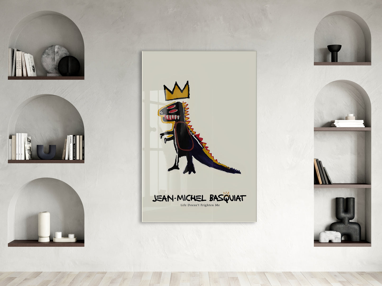 Basquiat Tarzı Dinozor Cam Tablo | Pop Art UV Baskılı Temperli Cam Duvar Dekoru - Peony161