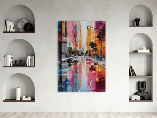 Renkli Modern Şehir Sokağı Cam Tablo – Yansımalı Sokak Manzarası ve Çağdaş Duvar Dekoru - Peony056