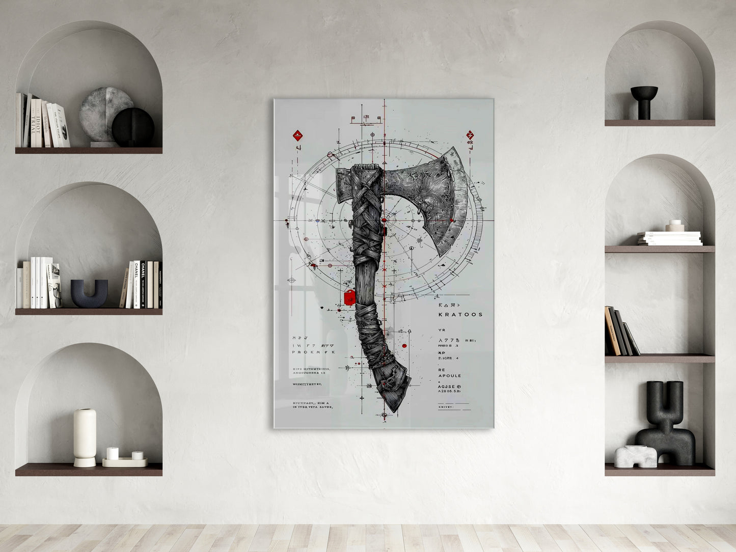 “Keskin Denge” – Geometrik ve Savaş Baltası Temalı Sanatsal Cam Tablo - Peony061