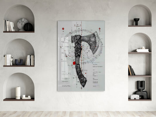 “Keskin Denge” – Geometrik ve Savaş Baltası Temalı Sanatsal Cam Tablo - Peony061