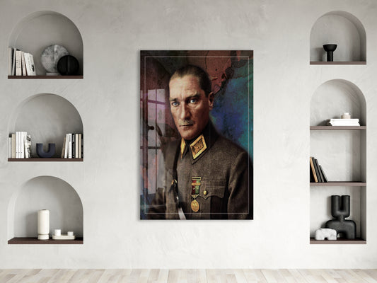 Madalyalı Askerî Üniformalı Atatürk Cam Tablo – Zafer ve Liderliği Yansıtan 4 mm Temperli Cam Duvar Dekoru -PeonyAta1010