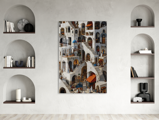 Modern Akdeniz Mimari Cam Tablo – Sokak ve Merdiven Temalı Sanatsal UV Baskılı Temperli Cam Duvar Tablosu - Peony018