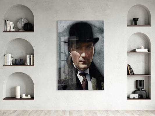 Atatürk Fötr Şapkalı Portre Cam Tablo – Modern ve Zamansız 4 mm Temperli Cam Duvar Dekoru -PeonyAta1001