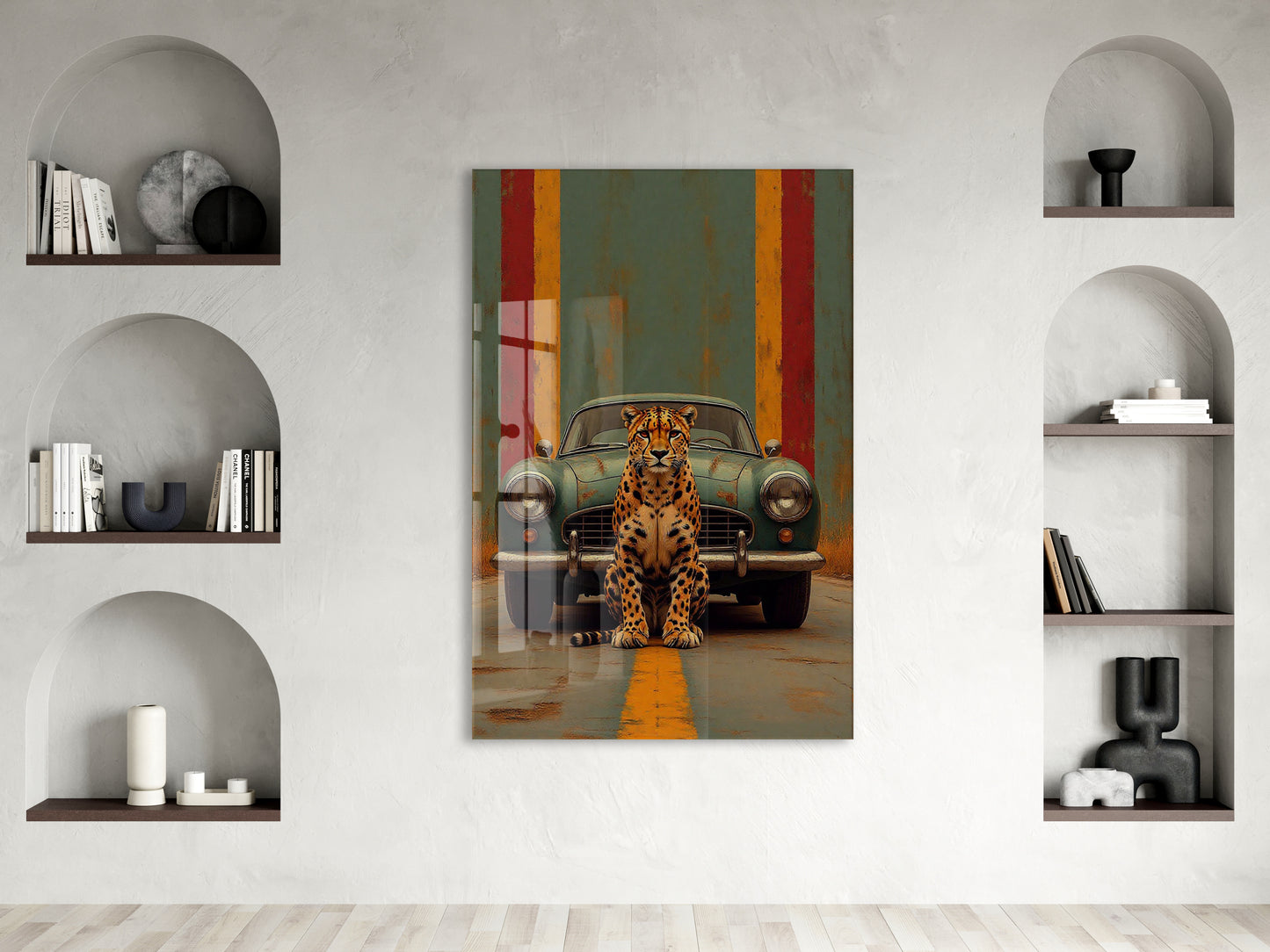 Klasik Otomobil ve Leopar Cam Tablo – Modern Urban Duvar Sanatı - Peony087