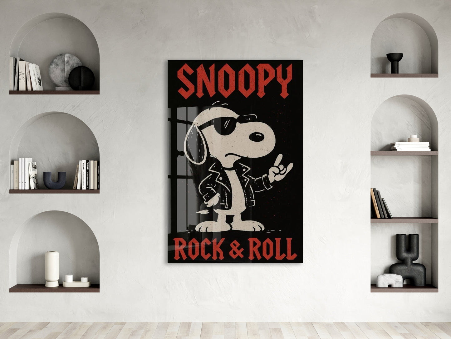 Snoopy Rock & Roll Tasarım Cam Tablo – Genç Odası Duvar Dekoru - Peony108