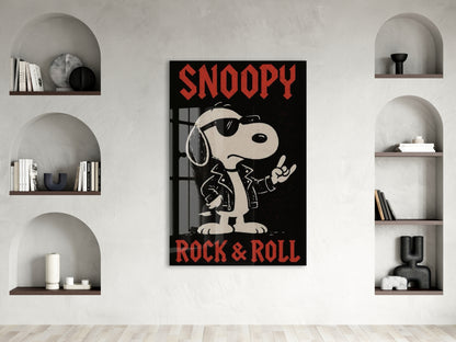 Snoopy Rock & Roll Tasarım Cam Tablo – Genç Odası Duvar Dekoru - Peony108