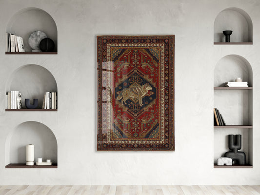 Bozkurt Motifli Türk Halı Deseni Cam Tablo – Geleneksel Orta Asya Duvar Dekoru - PeonyTrk018