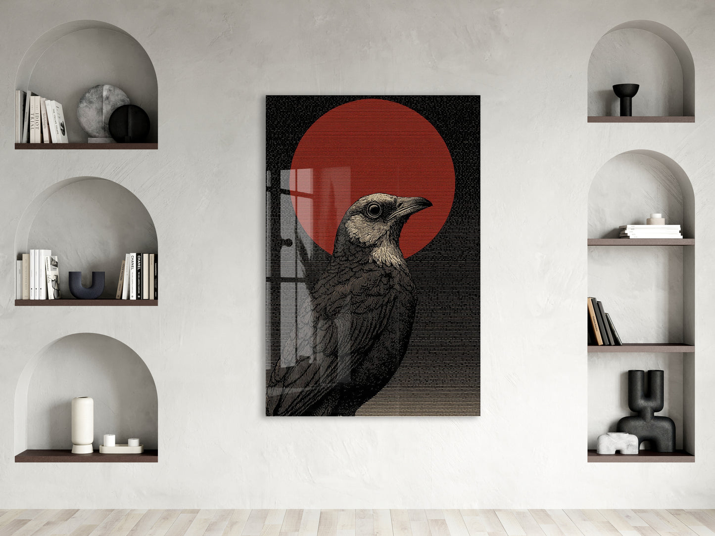 Japon Esintili Kuzgun Cam Tablo – Siyah Zeminli Kırmızı Güneş Temalı Duvar Sanatı - Peony084