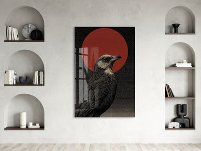Japon Esintili Kuzgun Cam Tablo – Siyah Zeminli Kırmızı Güneş Temalı Duvar Sanatı - Peony084