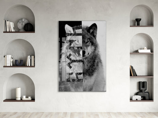 Bozkurt ve Göktürk Runik Yazı Cam Tablo – Türk Mitolojisi Siyah Beyaz Duvar Dekoru - PeonyTrk021