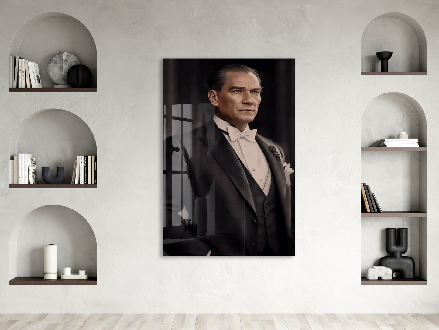 Atatürk Fraklı Cam Tablo – Klasik ve Asil Liderlik Temalı Premium Cam Duvar Tablosu -PeonyAta063