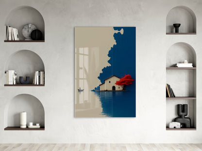 Minimal Göl Evi Manzarası – Kırmızı Ağaçlı Modern Duvar Tablosu - Peony133