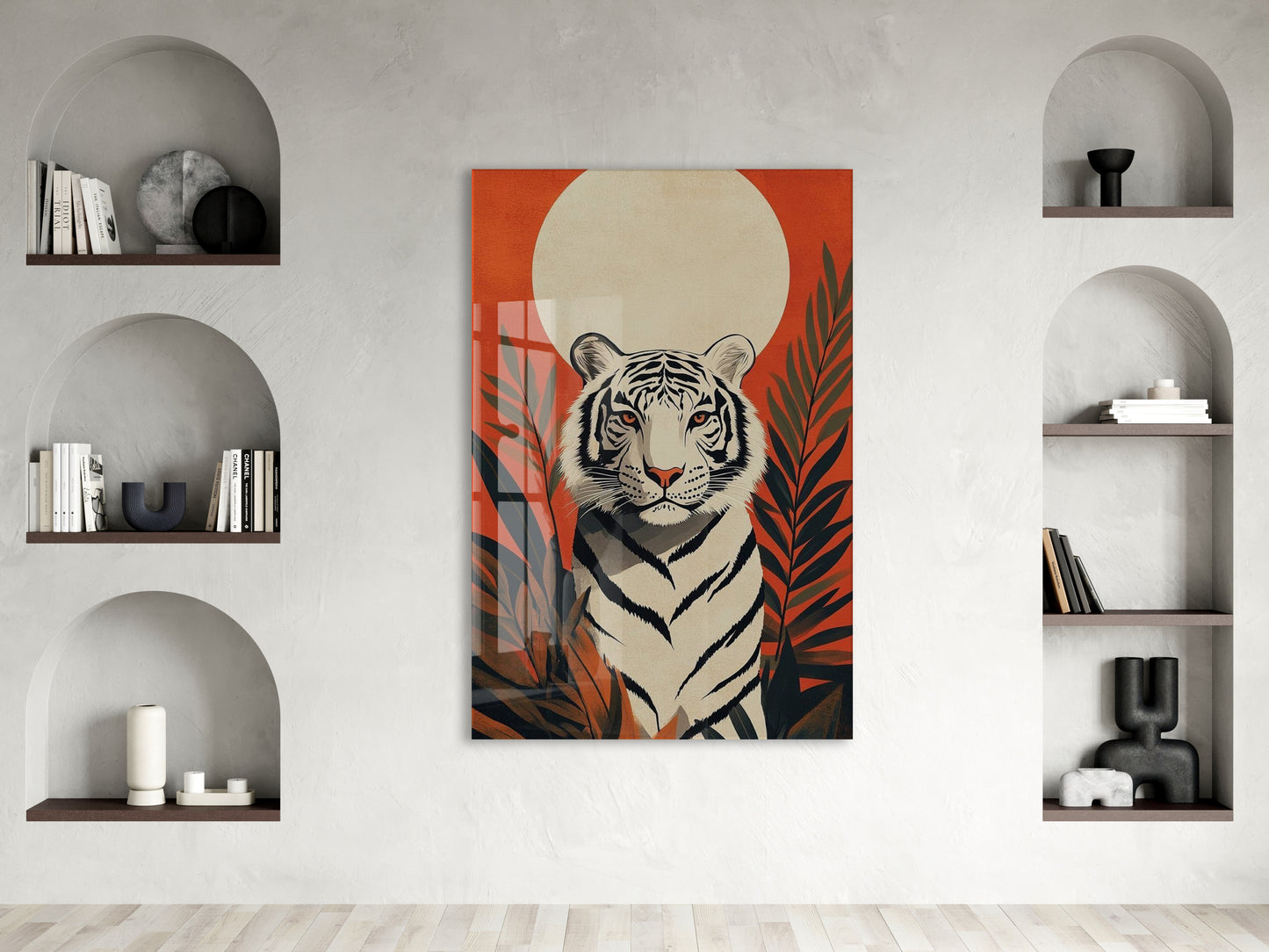 White Tiger Art – Tropikal Yapraklı Minimal Cam Tablo - Peony142