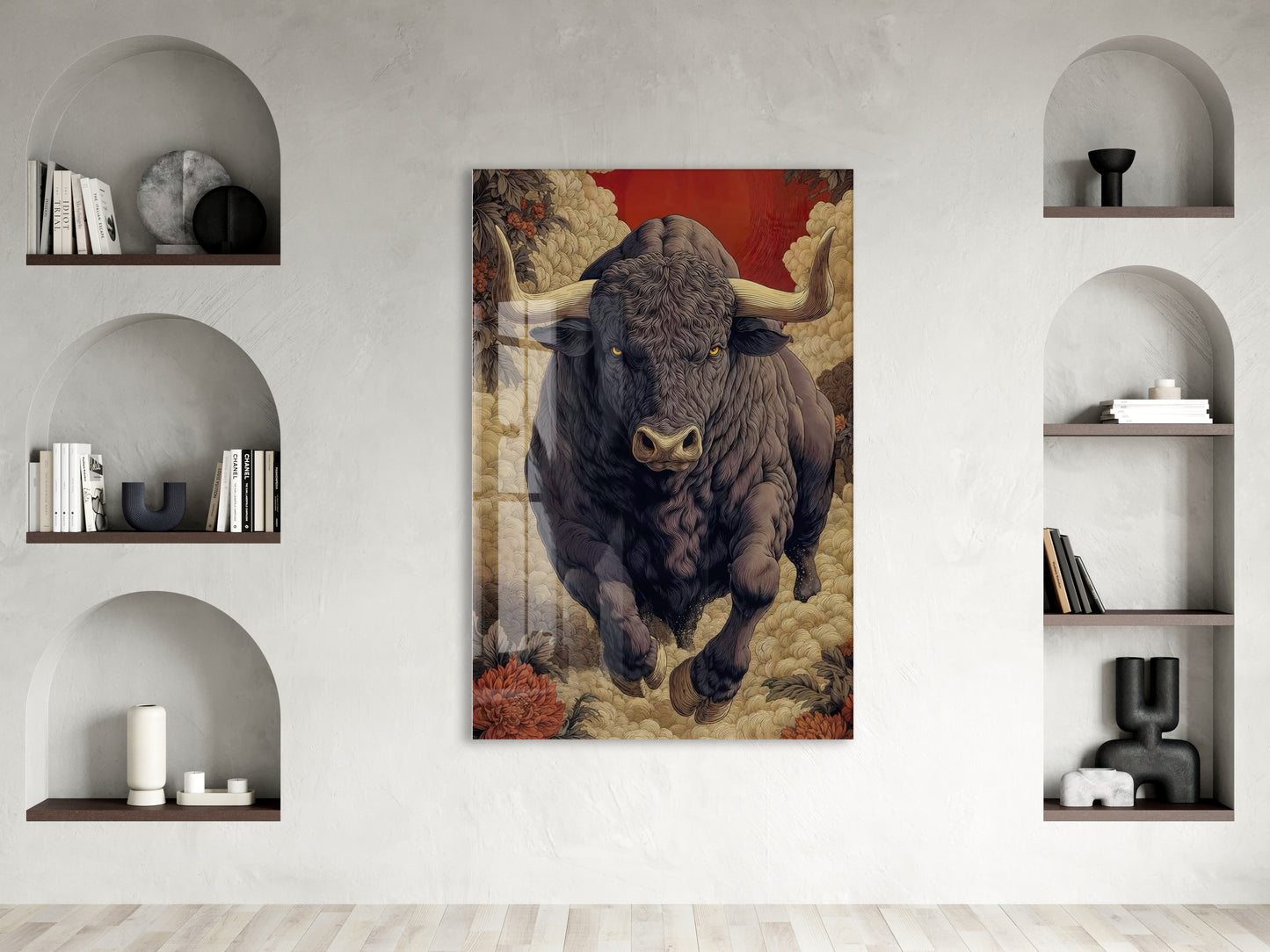 Lider Ruhlu Boğa Cam Tablo – Sanatsal Detaylı Güç ve Kararlılık Temalı Duvar Dekoru - Peony076