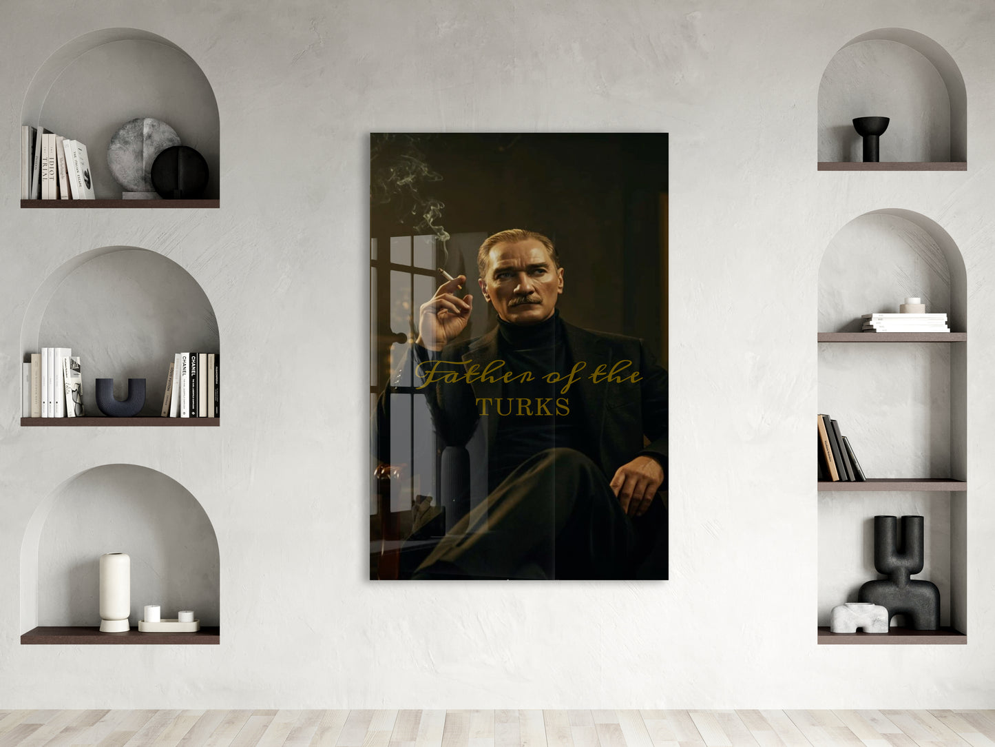 Father of the Turks Atatürk Cam Tablo | Gold Yazı Detaylı Modern Portre, Premium UV Baskı Temperli Cam Atatürk Duvar Dekoru PeonyAta051
