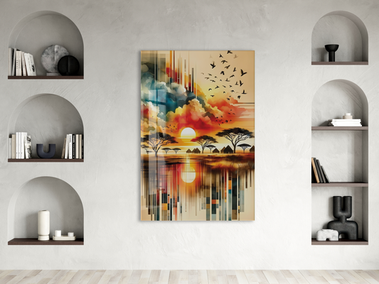 Modern Soyut Afrika Gün Batımı Cam Tablo – Doğa ve Manzara Temalı Sanatsal UV Baskılı Temperli Cam Duvar Tablosu - Peony006