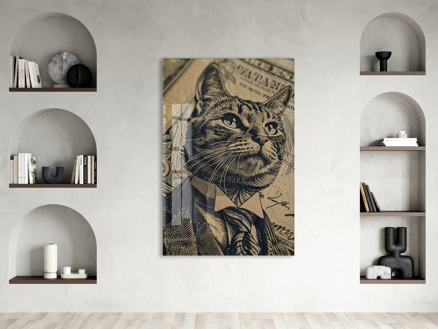 Business Cat Art – Retro Banknot Stil Cam Duvar Dekoru - Peony115