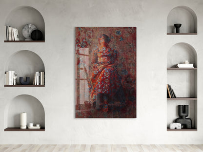 Oryantal Desenli Kırmızı Elbiseli Kadın Figürlü Cam Tablo – Sanatsal ve Vintage Duvar Dekoru - Peony059