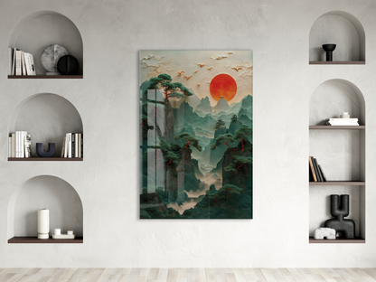 Modern Asya Manzarası Cam Tablo – Dağ ve Kızıl Güneş Temalı Sanatsal UV Baskılı Temperli Cam Duvar Tablosu - Peony008