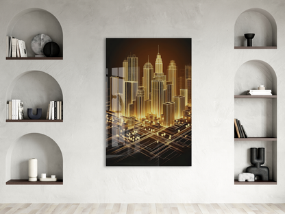 Modern Altın Şehir Silüeti Cam Baskı Tablo | 4mm Temperli Cam, Yüksek Çözünürlüklü UV Baskı, Parlak Yüzey, Ofis ve Salon Duvar Dekoru - Peony046