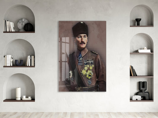 Madalyalı Kalpaklı Atatürk Cam Tablo – Kahramanlık ve Onuru Yansıtan 4 mm Temperli Cam Duvar Dekoru -PeonyAta1014