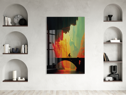 Modern Soyut Köprü ve Yolculuk Cam Tablo – Gün Batımı Renk Geçişli Sanatsal UV Baskılı Temperli Cam Duvar Tablosu - Peony017