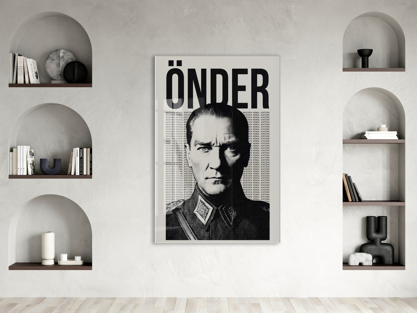 Mustafa Kemal Atatürk Önder Cam Tablo – Modern Tipografik Atatürk Duvar Dekoru -PeonyAta072