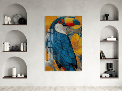 Renkli Tukan Kuşu Cam Duvar Tablosu – Tropikal Çiçekli Modern Tasarım- Peony117