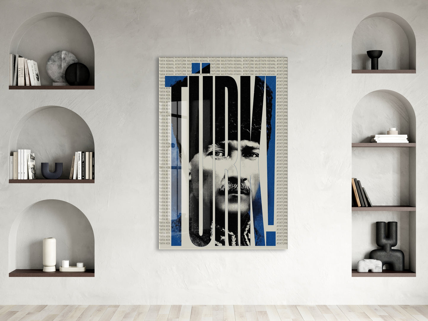 Mustafa Kemal Atatürk Türk! Başkomutan Cam Tablo – Modern Kolaj Tasarım Atatürk Duvar Dekoru -PeonyAta074
