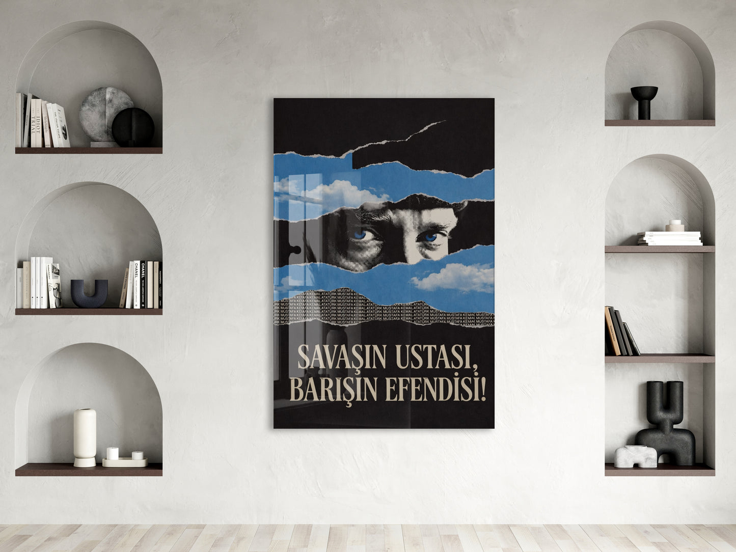 Mustafa Kemal Atatürk Savaşın Ustası Barışın Efendisi Cam Tablo – Modern Mavi Siyah Atatürk Duvar Dekoru -PeonyAta076