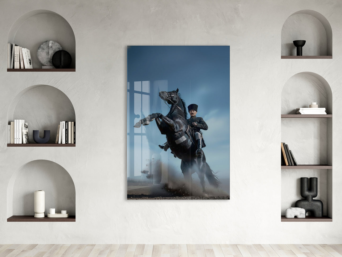 Atatürk At Üzerinde Cam Tablo – Liderlik ve Kurtuluş Ruhunu Yansıtan 4 mm Temperli Cam -PeonyAta056