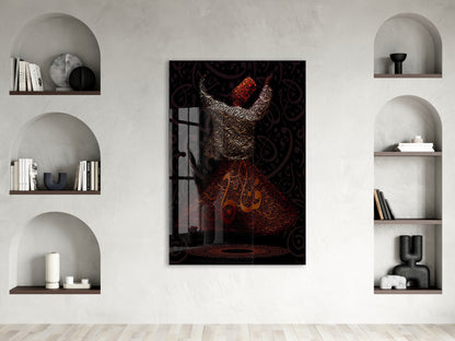 Allah Lafzı ile Sema Eden Mevlevi Derviş Cam Tablo | Tasavvuf Sanatı, İlahi Aşk ve Zikir Temalı İslami Hat Duvar Dekoru - PeonyDini0105