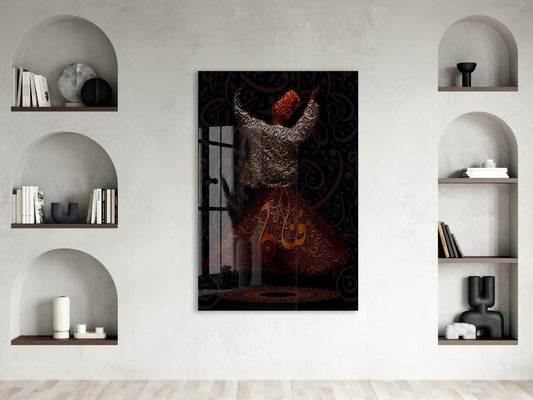 Allah Lafzı ile Sema Eden Mevlevi Derviş Cam Tablo | Tasavvuf Sanatı, İlahi Aşk ve Zikir Temalı İslami Hat Duvar Dekoru - PeonyDini0105