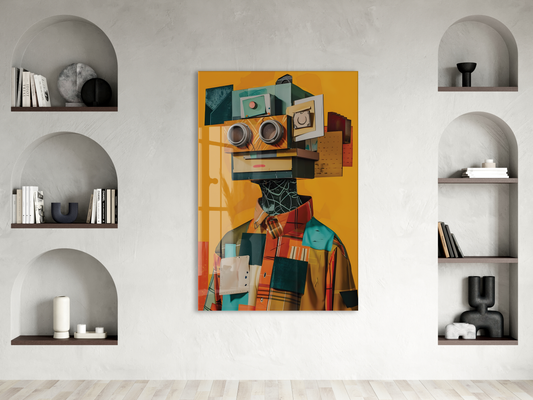 Modern Soyut Robot Figürlü Cam Tablo – Renkli Dijital Sanat Temalı UV Baskılı Temperli Cam Duvar Tablosu - Peony013