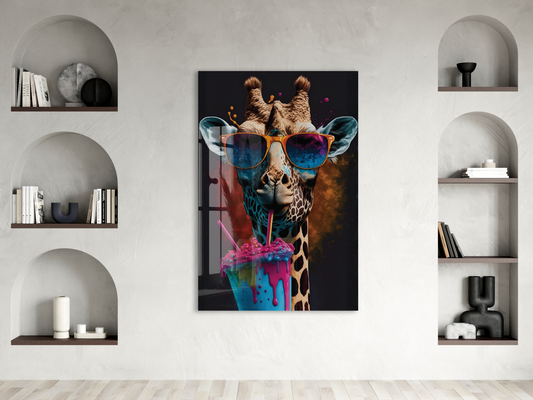 Renkli Gözlüklü Zürafa Cam Tablo – Modern, Eğlenceli ve Çarpıcı Duvar Sanatı - Peony023