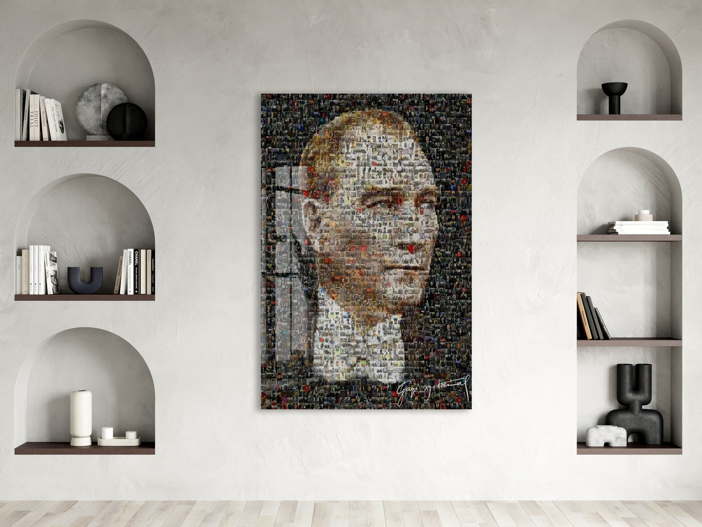 Atatürk Mozaik Cam Tablo | Binlerce Fotoğraftan Oluşan Atatürk Portresi, Modern ve Anlamlı Duvar Dekoru, UV Baskı Temperli Cam PeonyAta047