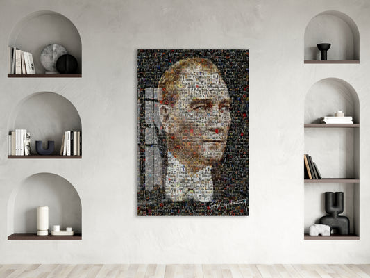 Atatürk Mozaik Cam Tablo | Binlerce Fotoğraftan Oluşan Atatürk Portresi, Modern ve Anlamlı Duvar Dekoru, UV Baskı Temperli Cam PeonyAta047