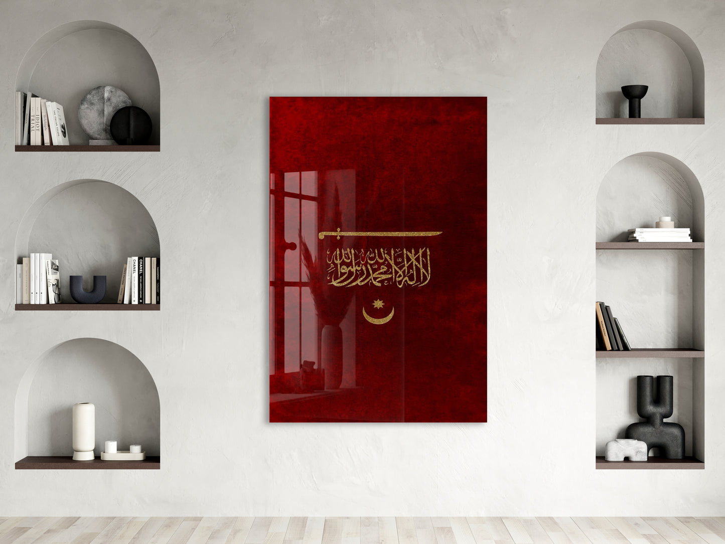 Kelime-i Tevhid ve Osmanlı Kılıcı Cam Tablo – Kırmızı Zemin İslami ve Tarihi Duvar Dekoru - PeonyOsm004