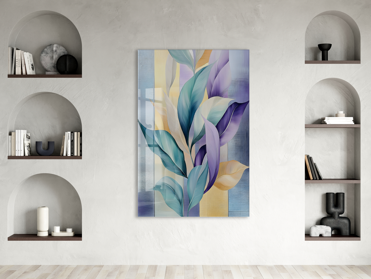 Modern Soyut Yaprak Desenli Cam Tablo – Mavi Mor Tonlu Dekoratif Cam  Duvar Tablosu - Peony073