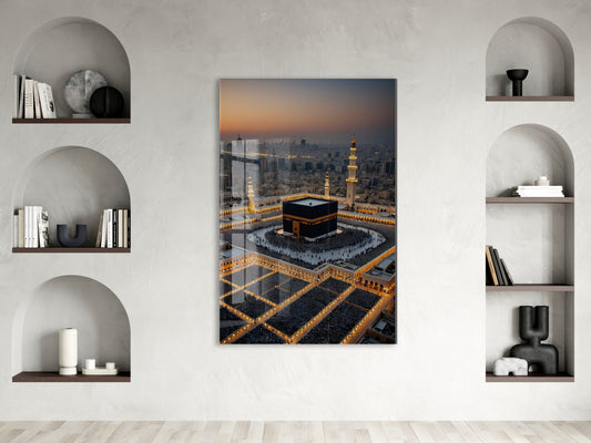 Kâbe ve Mescid-i Haram’da Akşam Vakti – Tavaf Anı Cam Tablo  - PeonyDini129