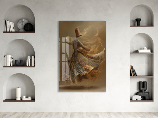 Sema ve İlahi Aşk Temalı Hat Sanatı Cam Tablo | Mevlevî Derviş Tasviri - PeonyDini112