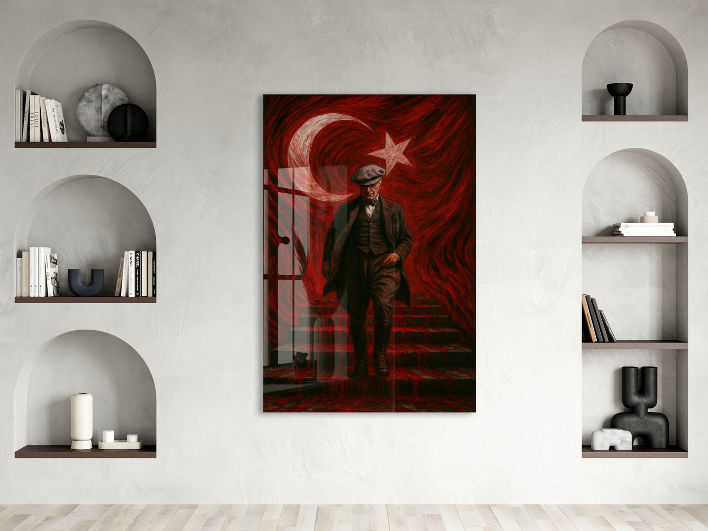 Atatürk Sanatsal Cam Tablo – Ay Yıldızlı Kırmızı Fonlu Devrim Temalı Duvar Sanatı -PeonyAta062