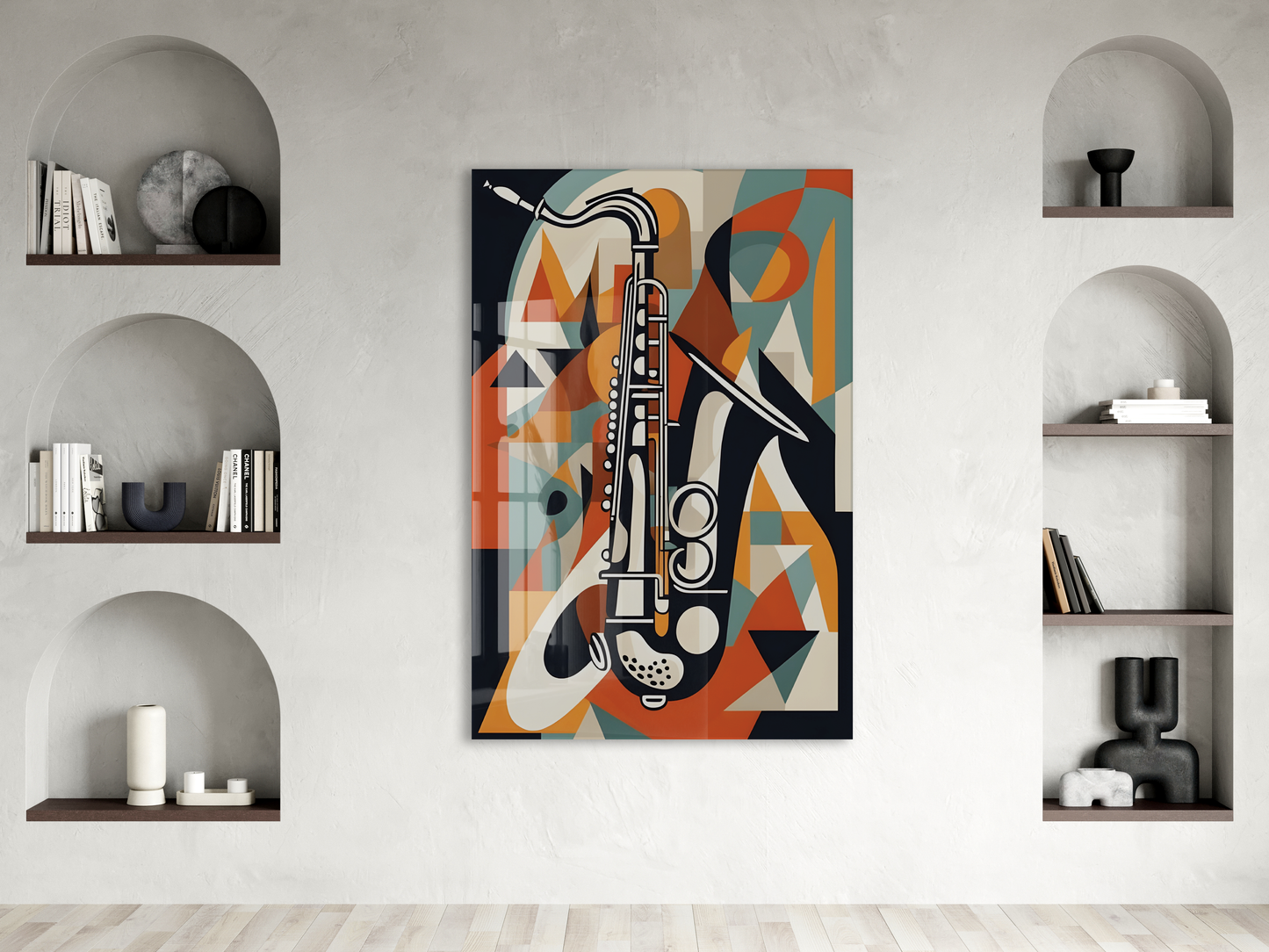 Soyut Saksafon Cam Tablo – Modern Jazz Temalı, UV Baskılı Temperli Cam Duvar Dekoru - Peony041