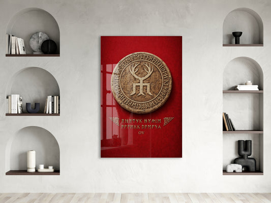 Göktürk Tamgası Cam Tablo – Orhun Yazıtları Motifli Kırmızı Zeminli Türk Tarihi Duvar Dekoru - PeonyTrk002