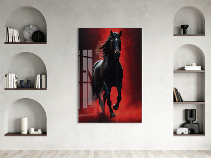 Kırmızı Arka Planlı Siyah At Cam Tablo – Güç ve Özgürlüğü Yansıtan Modern Sanatsal Duvar Dekoru - Peony021