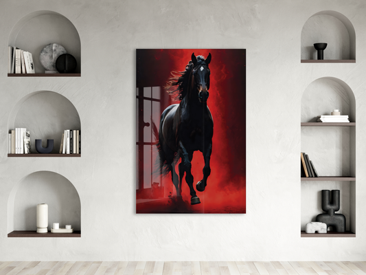 Kırmızı Arka Planlı Siyah At Cam Tablo – Güç ve Özgürlüğü Yansıtan Modern Sanatsal Duvar Dekoru - Peony021