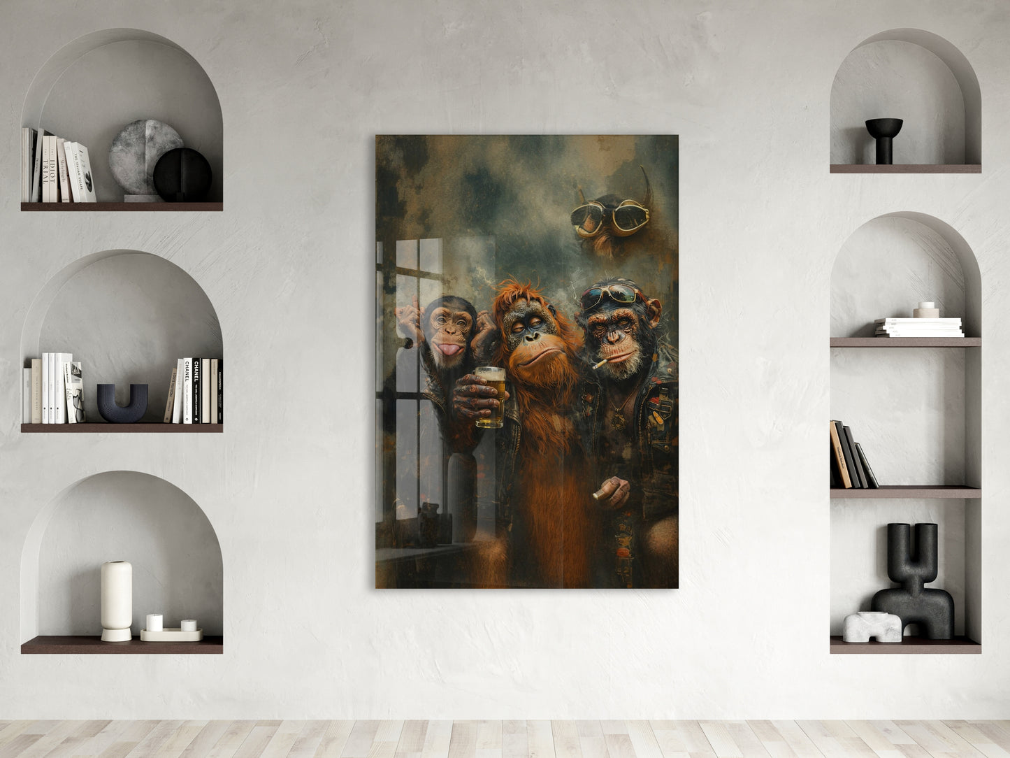 Biker Maymunlar Cam Tablo – Maskülen ve Karizmatik Bar Duvar Dekoru - Peony085