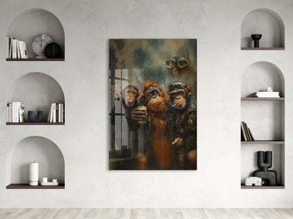 Biker Maymunlar Cam Tablo – Maskülen ve Karizmatik Bar Duvar Dekoru - Peony085