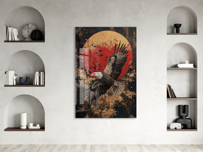 Altın Dokulu Zeminli Kartal Cam Tablo – Güçlü Liderlik ve Özgürlük Temalı Duvar Dekoru - Peony081